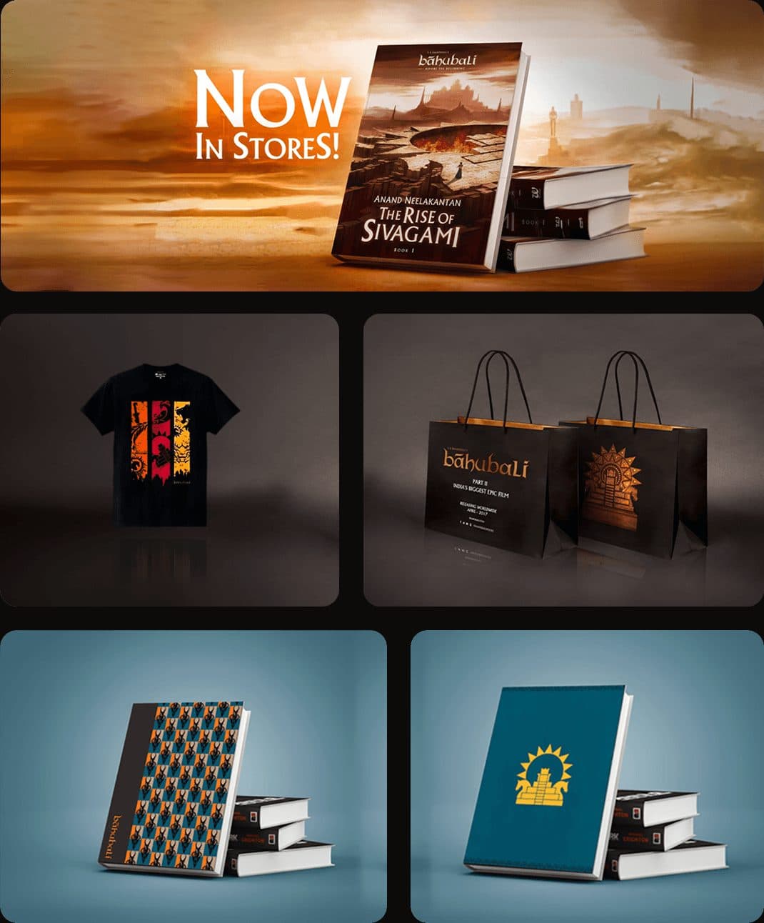 Baahubali merchandise: the novel in stores, a printed t-shirt, branded carrier bags and two notebook designs.