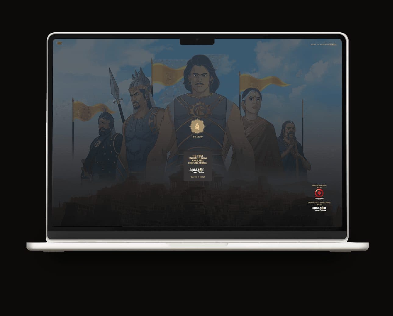 The animated series section of Baahubali.com: illustrated characters standing with banners above a fortress, with a link to stream the first episode.