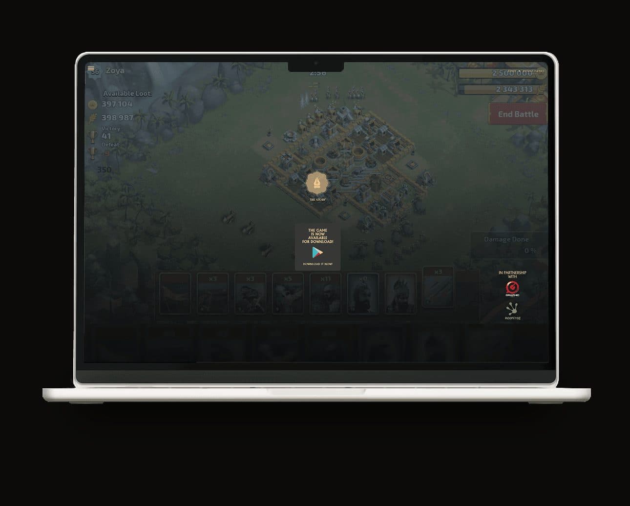 The mobile game section of Baahubali.com showing an isometric fortress battle screen with troop cards, loot counters and an end battle control, above a download prompt.