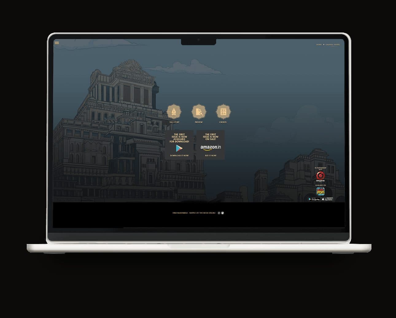 The graphic novel section of Baahubali.com: an illustrated palace skyline behind gold buttons for the story, preview and credits, with links to download the first issue or buy it.