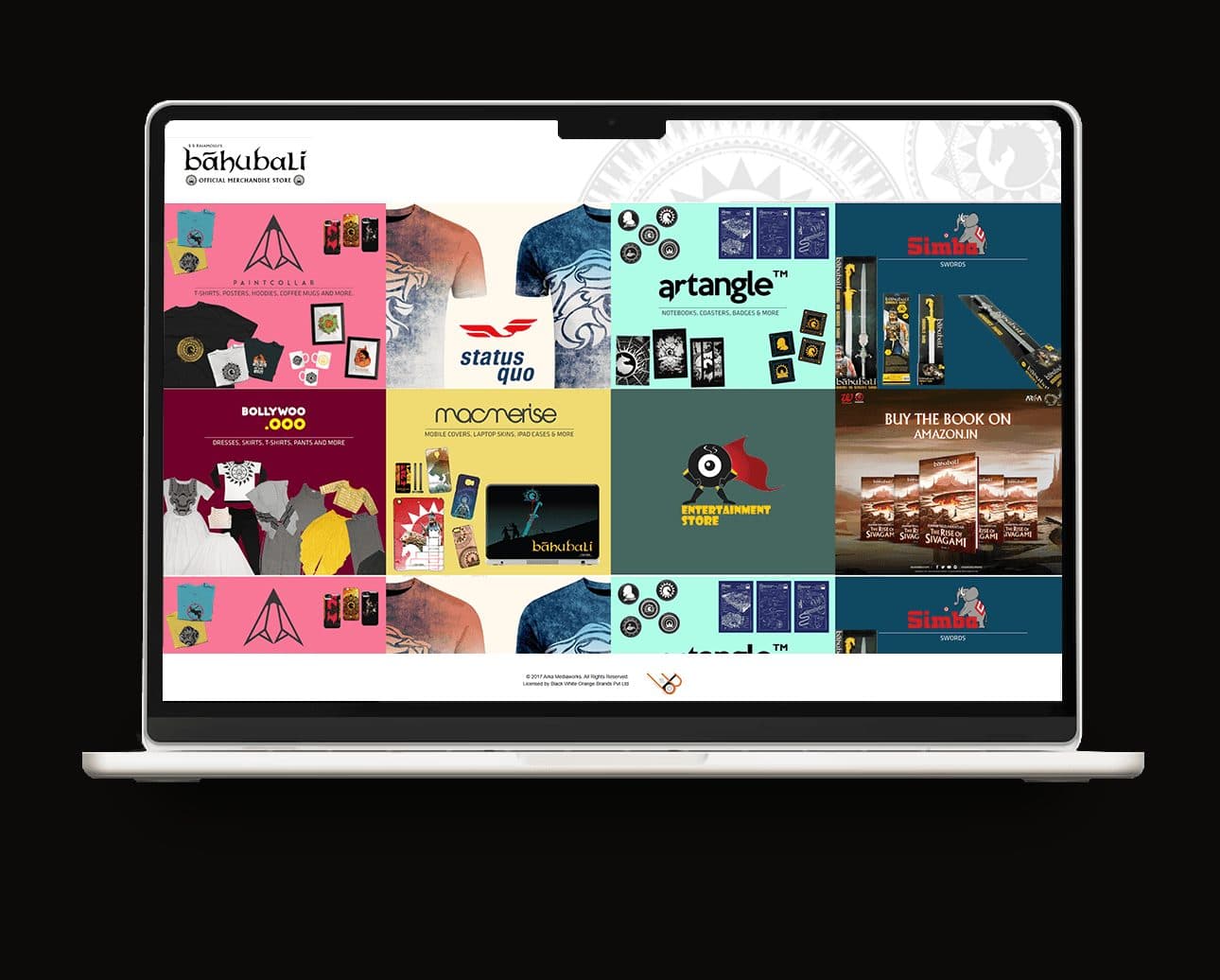 The merchandise and partners page of Baahubali.com, a colourful grid of brand collaborations and product tie-ins.