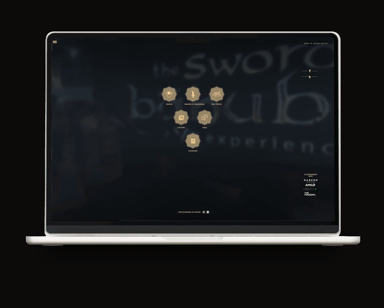 The virtual reality section of Baahubali.com: the words the sword of baahubali experience set large behind a cluster of gold hexagonal buttons for vision, sword of baahubali, 360 videos, gallery, FAQs and glossary, with Radeon, CNCPT and The Foundry credited.