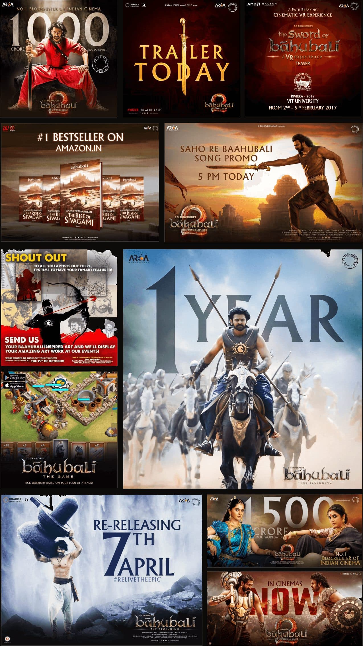 A grid of Baahubali social media creatives: trailer announcements, milestone posts, festival greetings, a one-year anniversary piece, a re-release date and bestseller announcements, all in the film's gold-on-dark visual language.