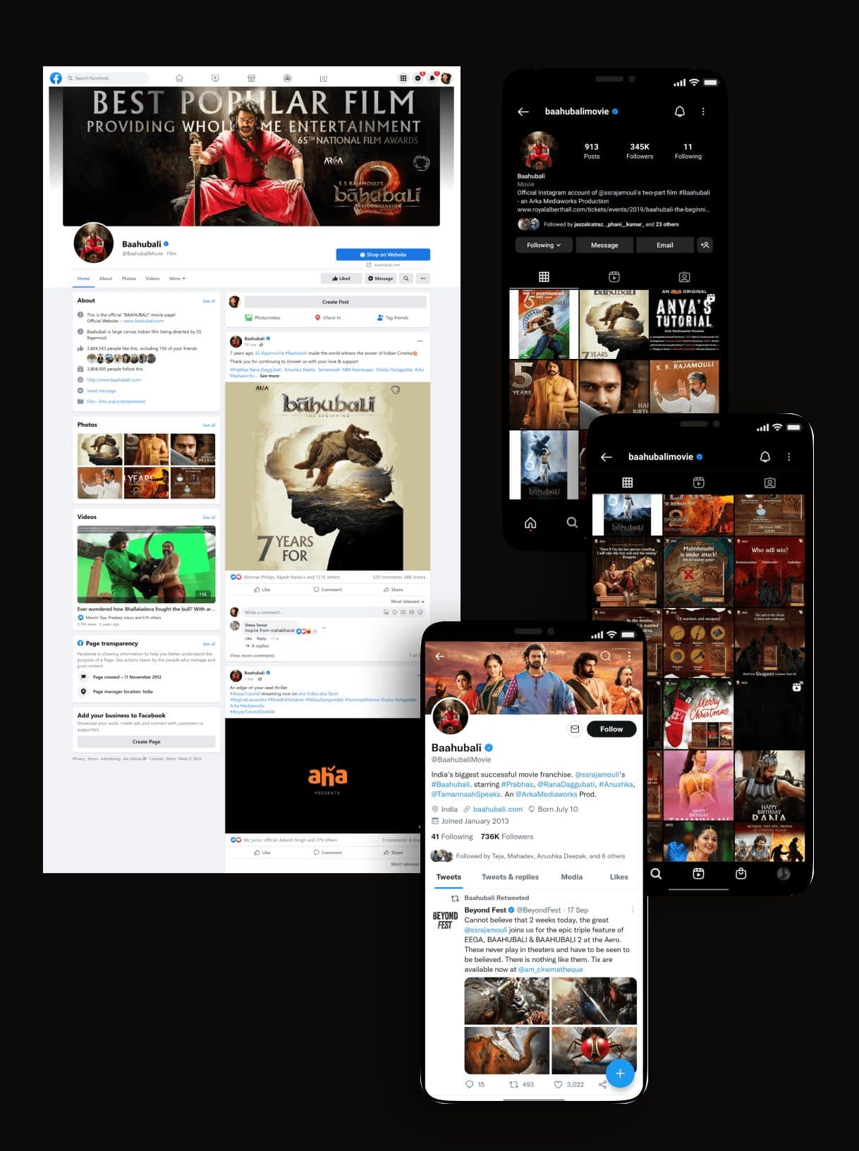 The Baahubali presence across Facebook, Instagram and Twitter shown on desktop and phones.