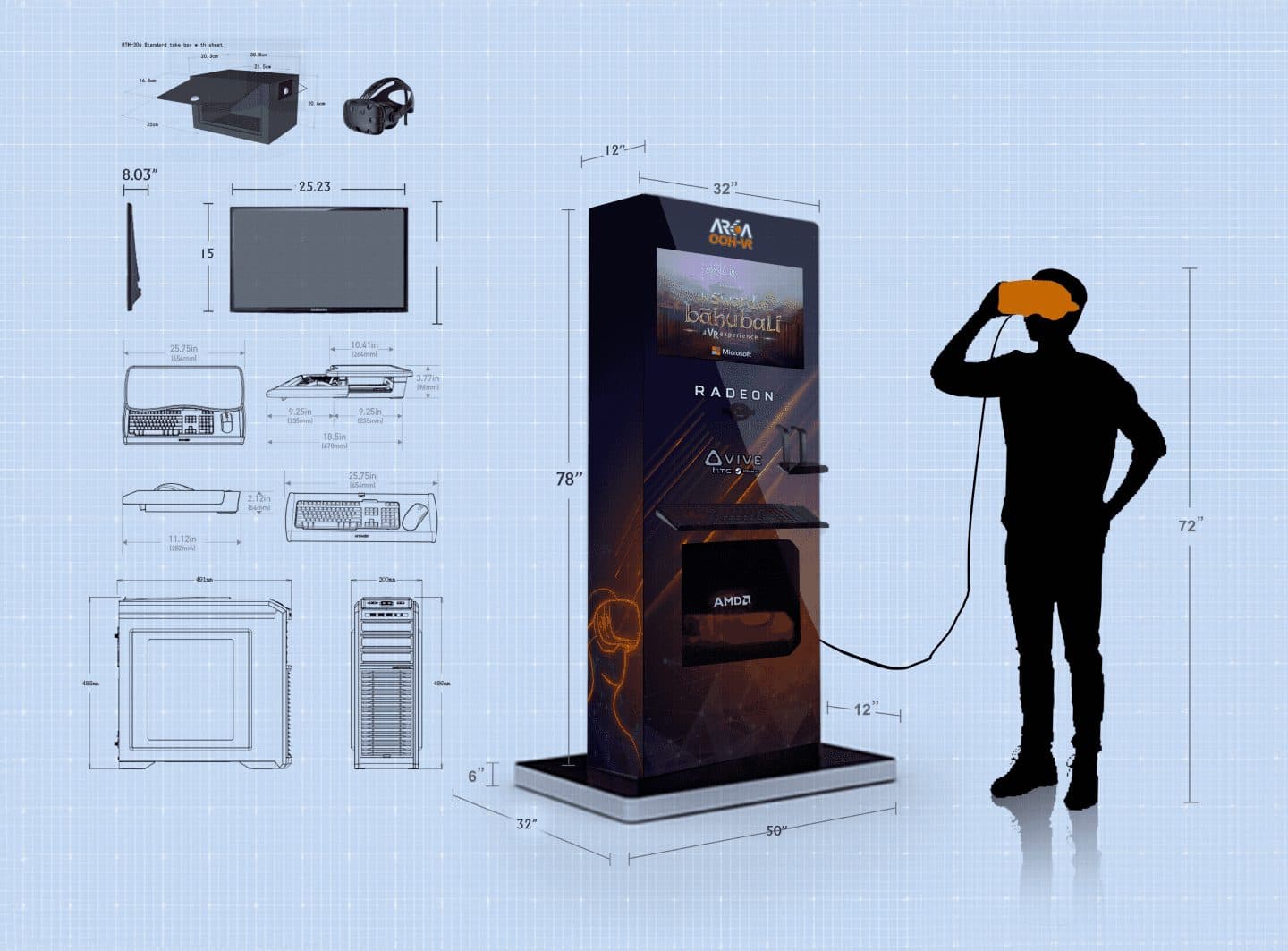 A dimensioned specification drawing for the Sword of Baahubali VR kiosk: a 78-inch branded stand carrying a headset, display, keyboard and PC, drawn beside a person wearing the headset for scale, with component dimensions laid out on a blueprint grid.