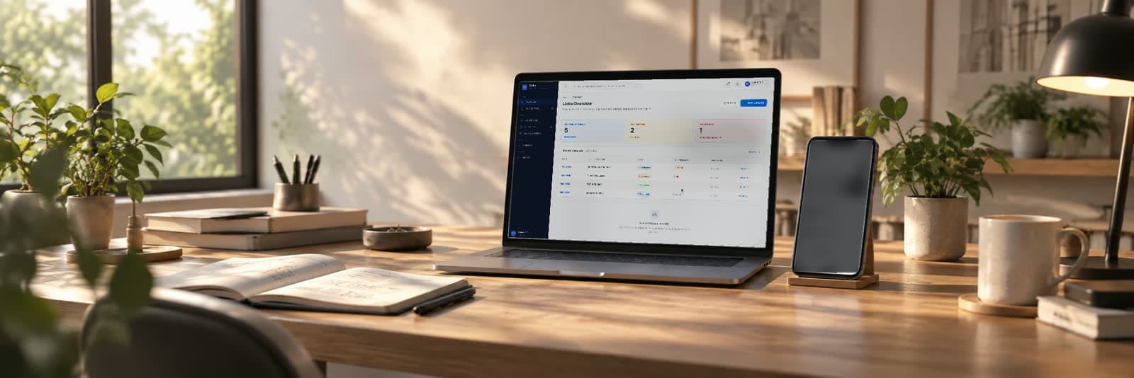 A laptop on a wooden desk in a sunlit room, running the demand workflow: an approver moves from the overview to their approvals, opens a demand and approves it. The phone beside the laptop is switched off.