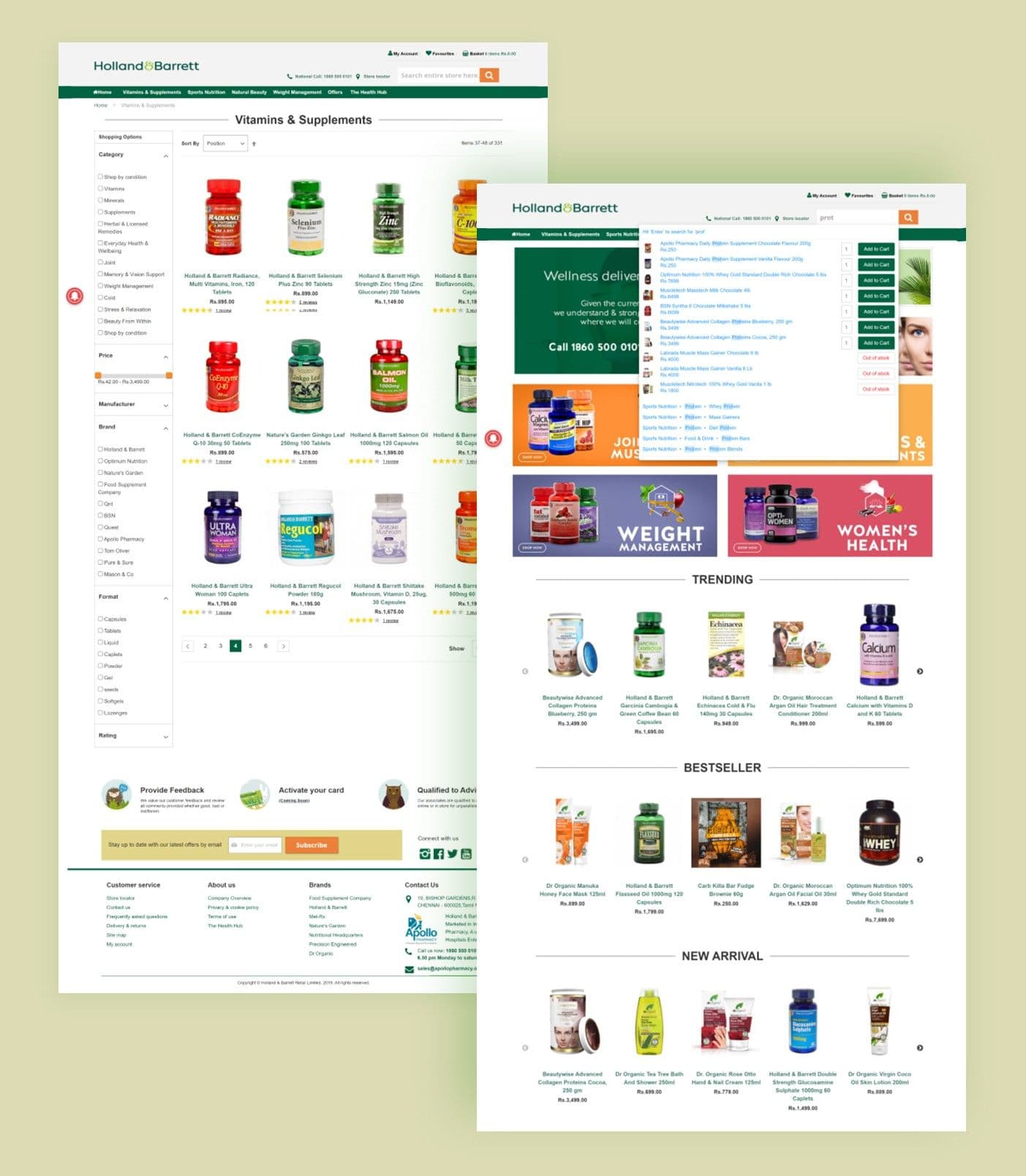 Two Holland & Barrett desktop pages: a Vitamins & Supplements category listing with filters and a product grid, beside a homepage carrying weight management and women's health promotions above trending, bestseller and new arrival rows.