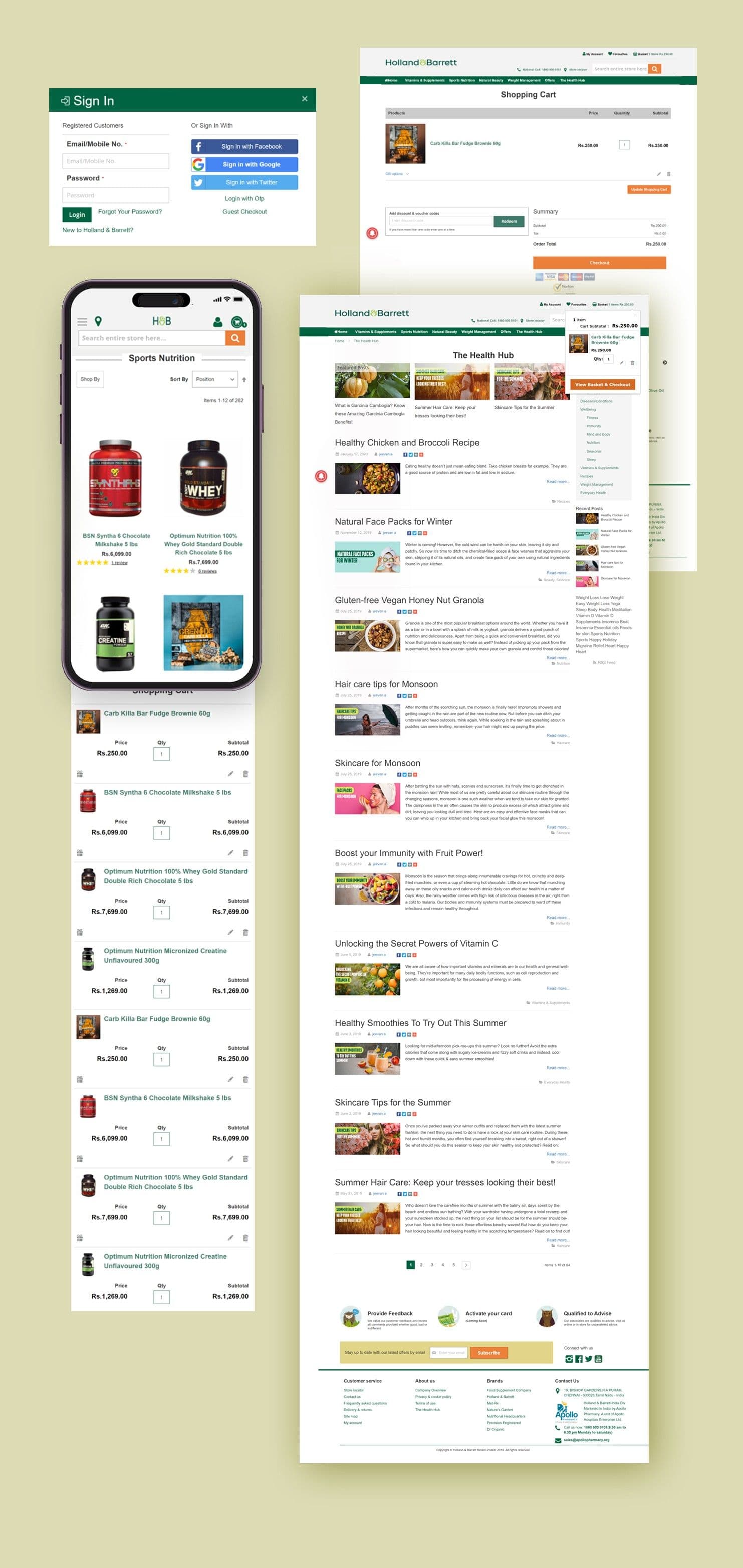 Holland & Barrett screens: a sign-in dialogue with social and OTP options, a desktop shopping cart, a mobile Sports Nutrition listing, and The Health Hub article index with featured posts, recipes and seasonal wellness pieces.
