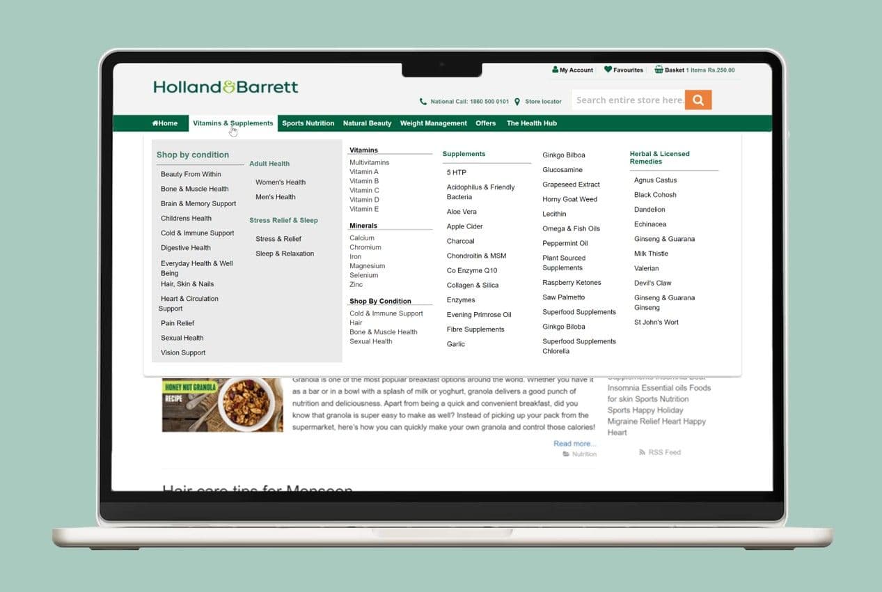 The Vitamins & Supplements mega-menu open on a laptop, with a Shop by condition column listing twelve conditions from bone and muscle health to vision support, beside columns for vitamins, minerals, supplements and herbal remedies.
