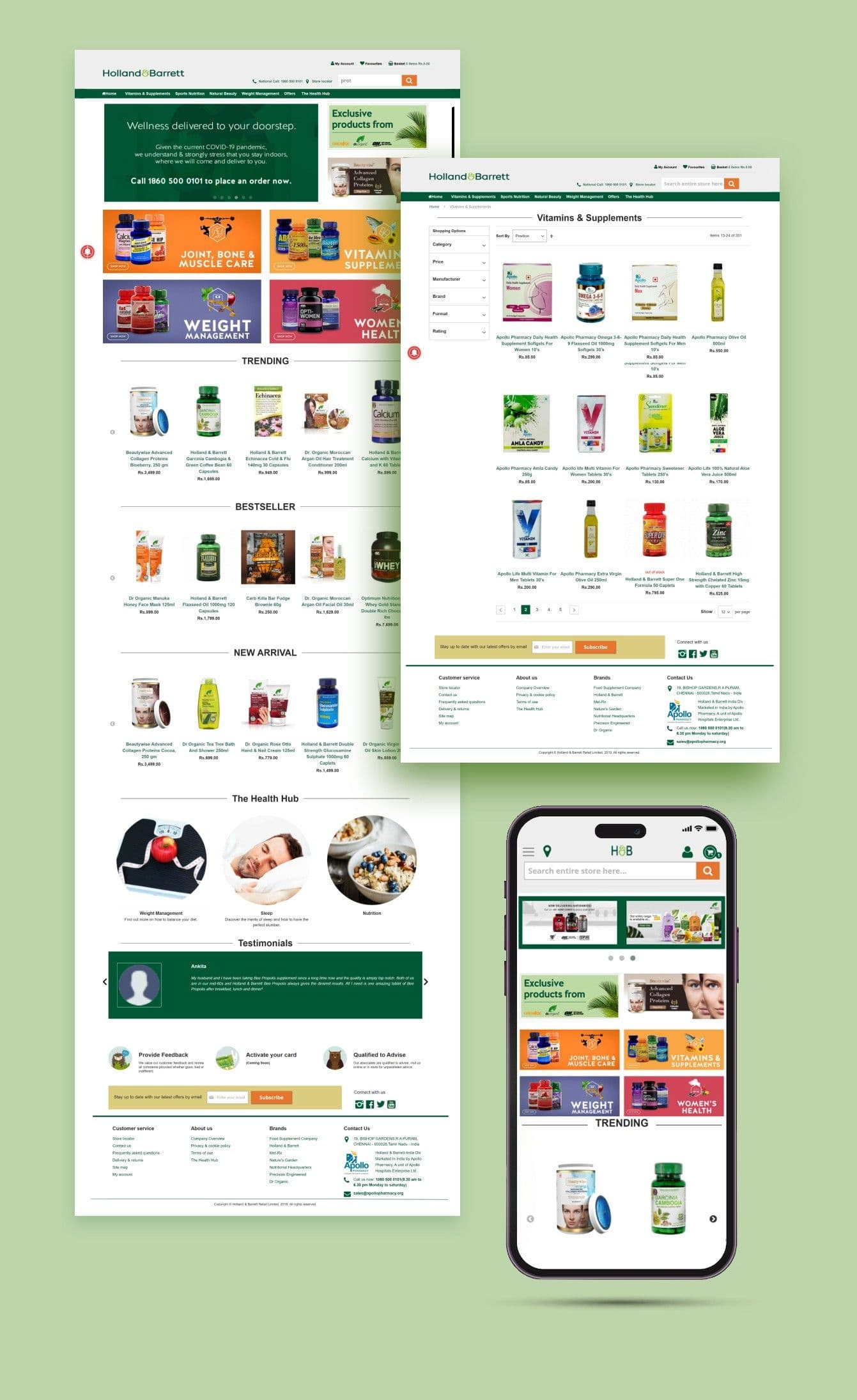 The Holland & Barrett experience across screens: the desktop homepage and a category page beside the same experience on a phone, with the Health Hub content cards below.
