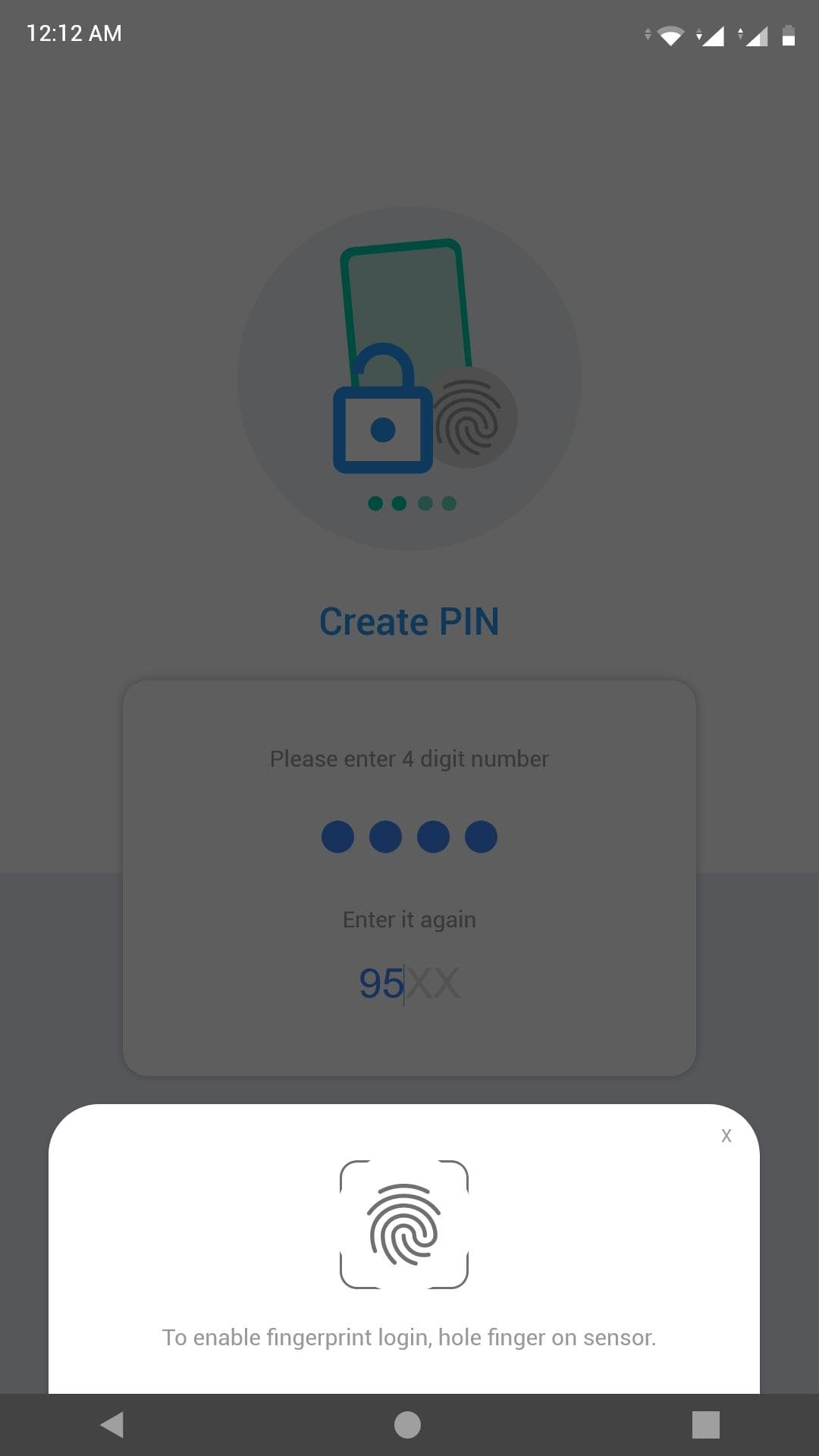 A create-PIN screen with a fingerprint enrolment sheet sliding up from the bottom.