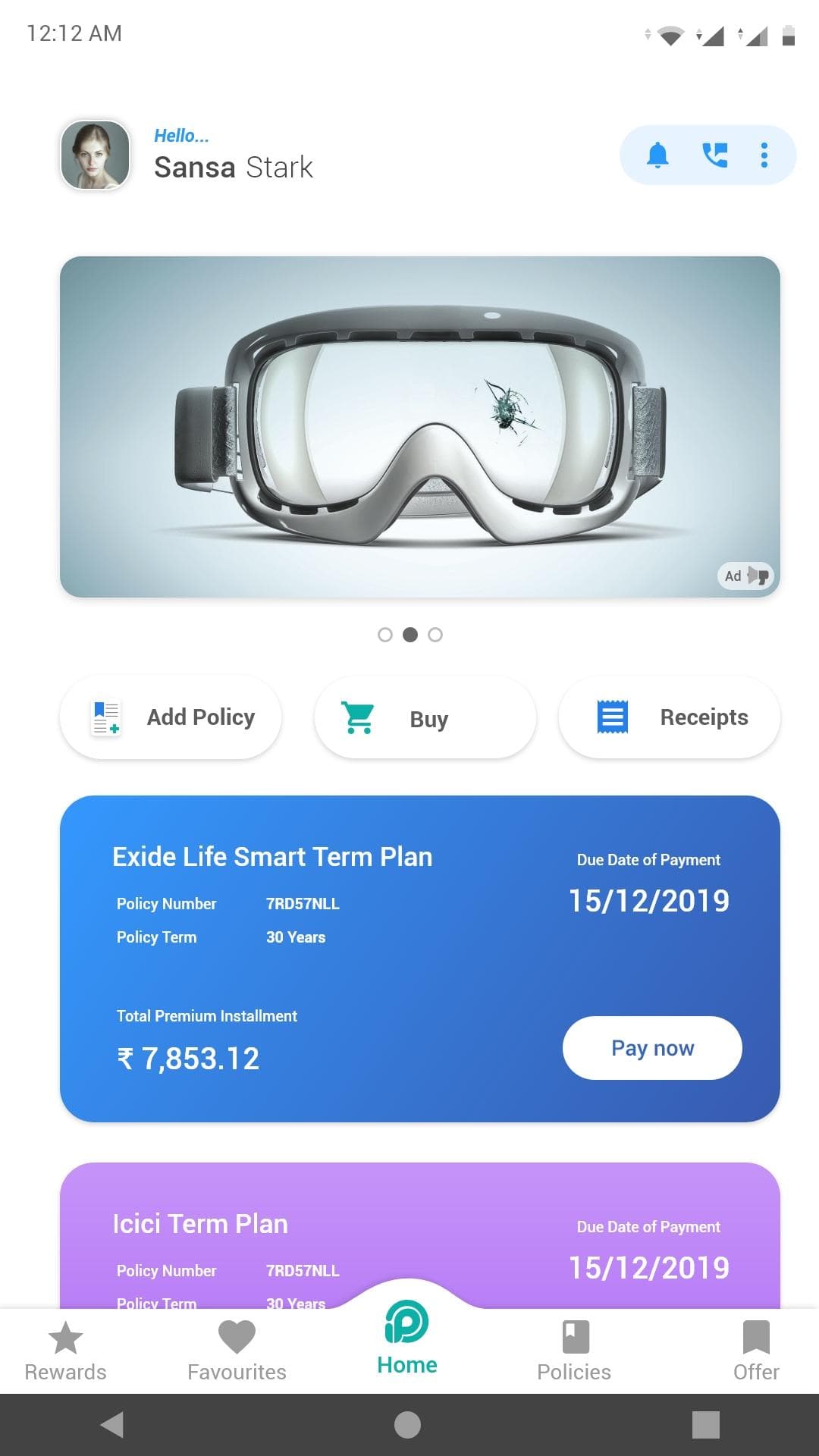 The InsurePay home screen: policy cards showing insurer, premium and due date, each with a Pay now button.