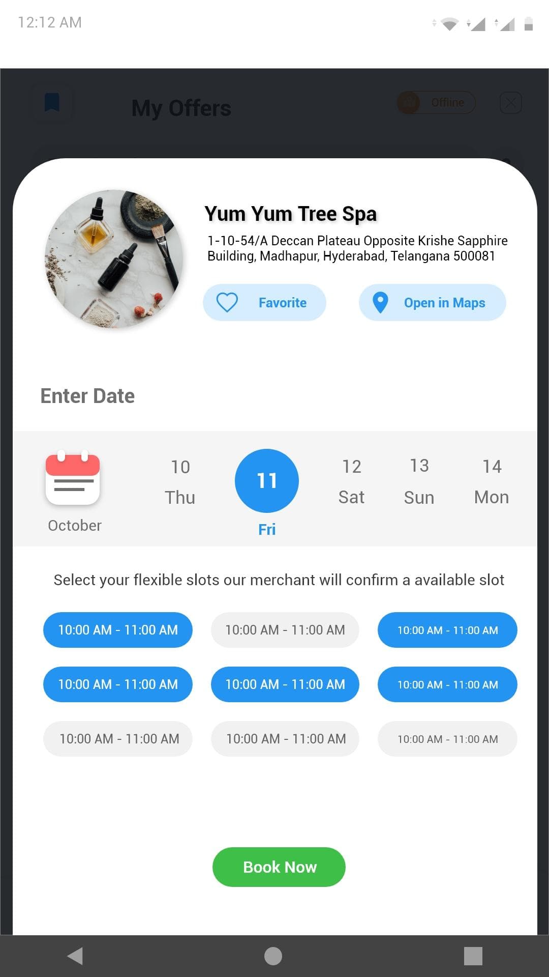A booking screen for a merchant offer, with a date strip and selectable time slots.