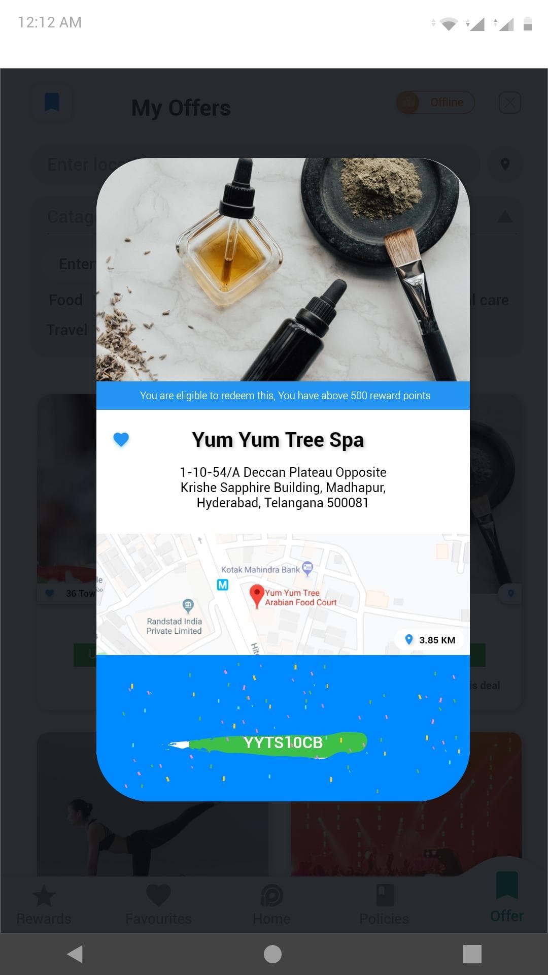 A merchant offer card with imagery, address, map and a promo code.