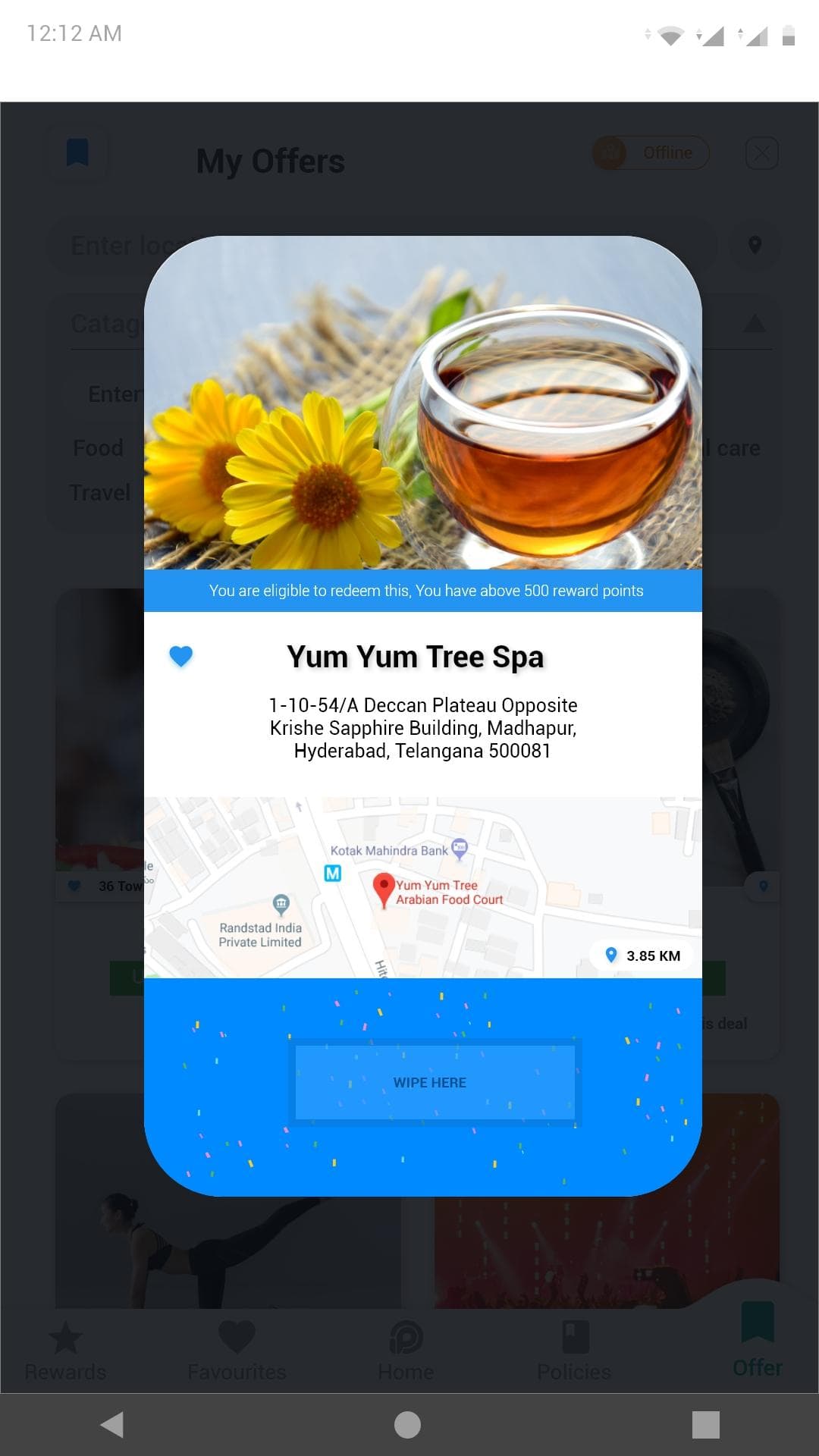 A merchant offer detail screen with the shop's address, a map and a promo code.