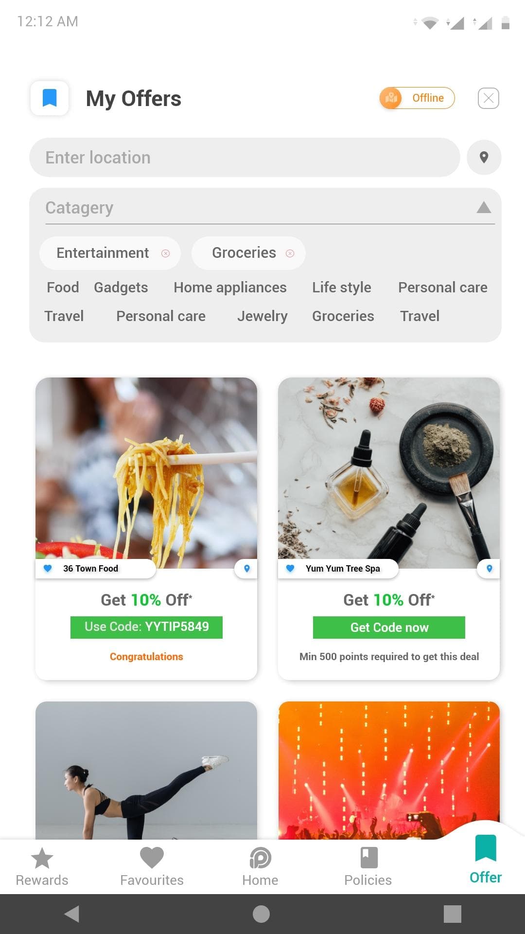 The offers screen filtered to offline merchants, with category chips above a grid of local coupon cards.