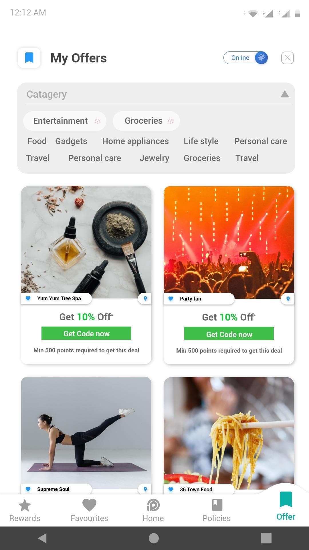 The offers screen: category chips above a grid of merchant coupons, each showing its discount and the points needed to unlock it.