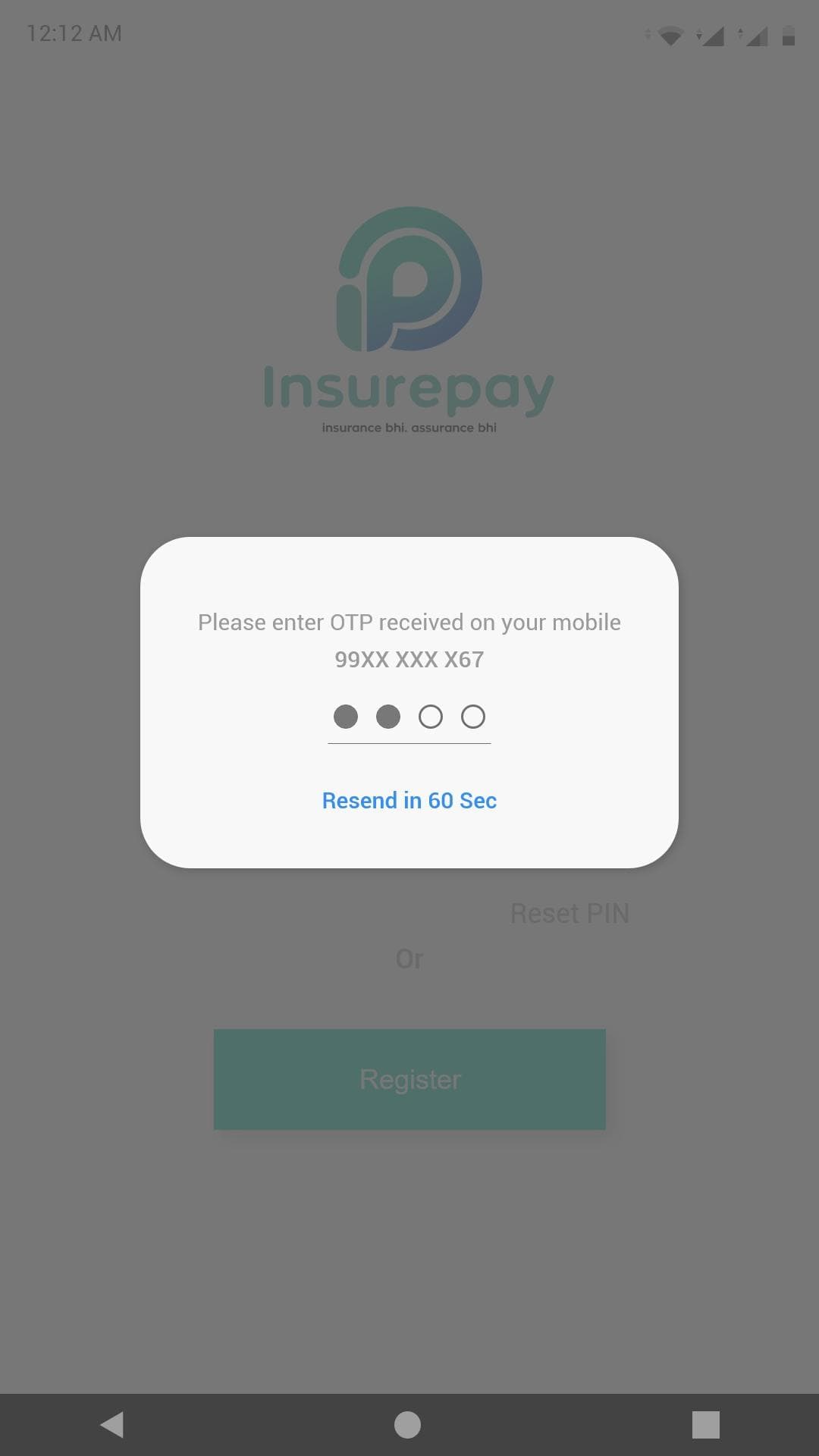 An OTP entry screen with a masked mobile number and a resend timer.