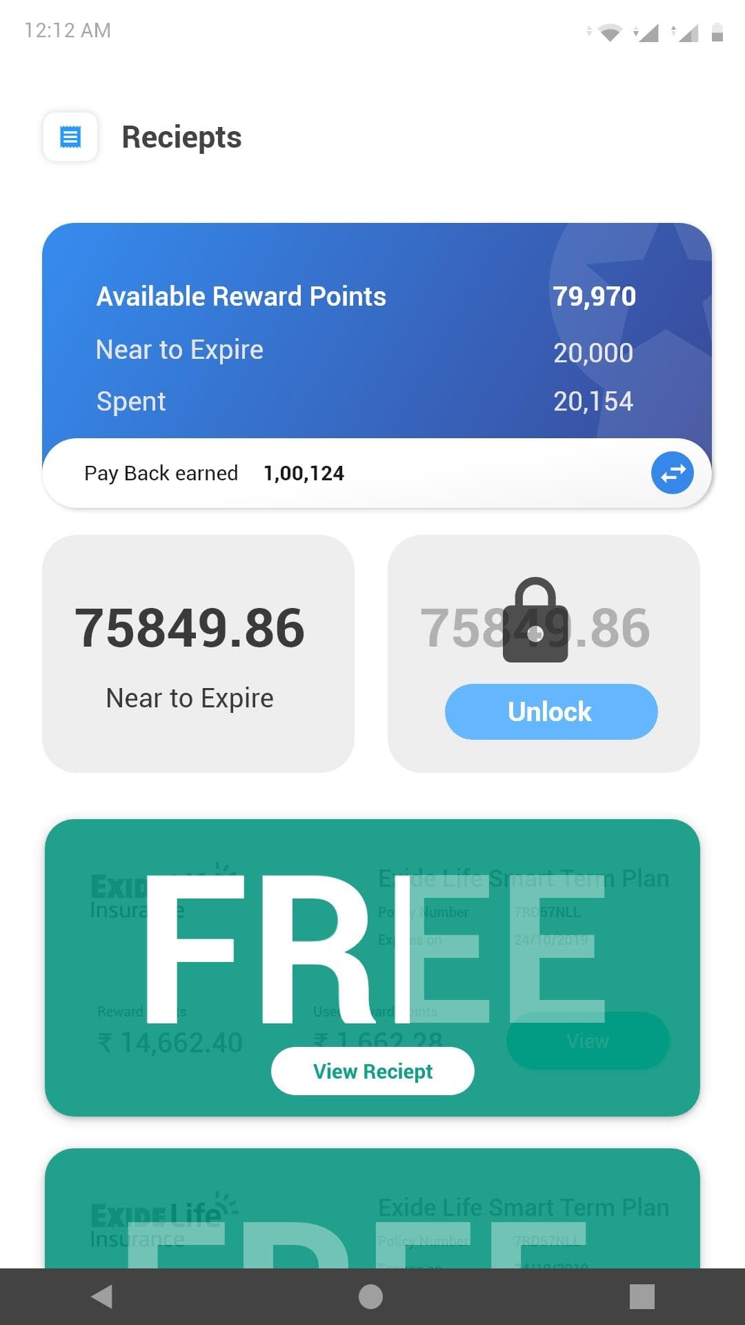 The receipts screen: a reward points summary showing available points, points near to expire, and points spent, above a list of policy receipts.