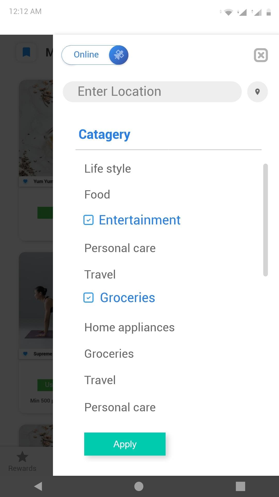 The revised redeem filter as a full-height panel over the offers, with an online and offline toggle, a location field, a scrollable category list and an Apply button.