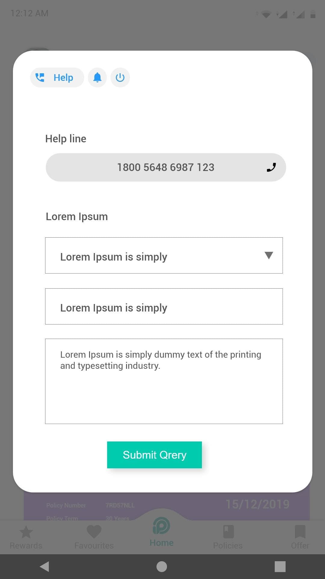 A support screen with a help line number and a query form.